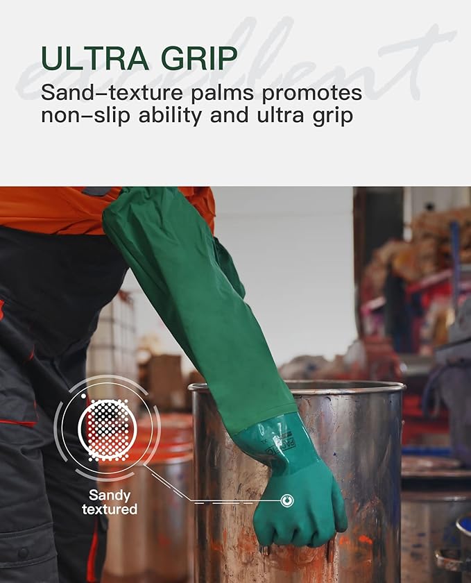 PACIFIC PPE 26" Rubber Chemical Resistant Gloves, PVC Reusable, Heavy Duty Waterproof With Cotton Liner, Anti-skid, Acid-alkali and Oil Resistant, Large