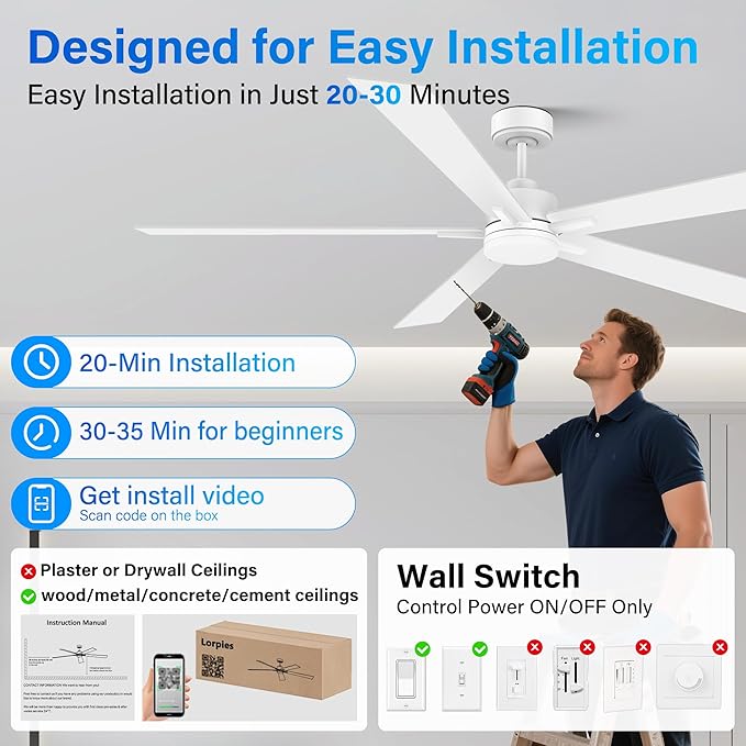 72" Large Smart Ceiling Fan with Lights Remote,Silent DC Motor,Control via Voice Alexa Google App,Outdoor Indoor Modern Ceiling Fans for Large Living Room Patios Decks,Dimmable,5 Blades in White&Wood