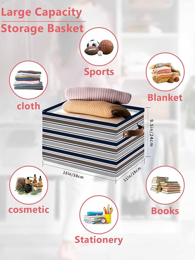 Grey Navy Blue Striped Storage Bins Cubes Waterproof Cloth Storage Basket,Farmhouse Stripes Modern Abstract Art Foldable Storage Bags for Shelf Storages Organizers with Handles 15x11x9.5 in 1PCS