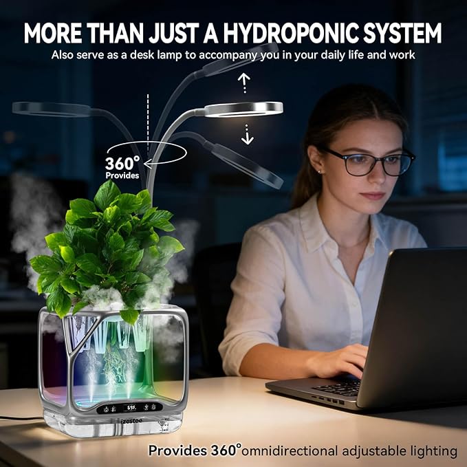 Smart Aeroponics Growing System, Desktop Hydroponic Planter Indoor with Full-Spectrum Grow Light, Humidifier, Heating Function & RGB Mood Lighting, Visual Root Observation for Herbs,Indoor Plants