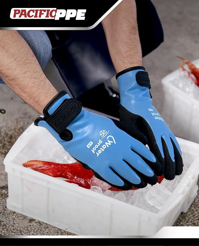 PACIFIC PPE Winter Work Gloves for Men and Women, 100% Waterproof Thermal Insulated Freezer Gloves for Cold Weather, Super Grip, Blue, Medium