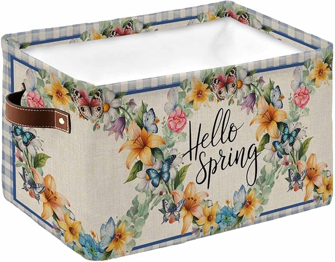 Hello Spring Storage Bins Cubes Waterproof Cloth Storage Basket,Farmhouse Floral Eucalyptus Wood Plaid Burlap Foldable Storage Bags for Shelf Clothes Storages Organizers with Handles 15x11x9.5 in 1PCS