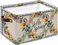 Hello Spring Storage Bins Cubes Waterproof Cloth Storage Basket,Farmhouse Floral Eucalyptus Wood Plaid Burlap Foldable Storage Bags for Shelf Clothes Storages Organizers with Handles 15x11x9.5 in 1PCS