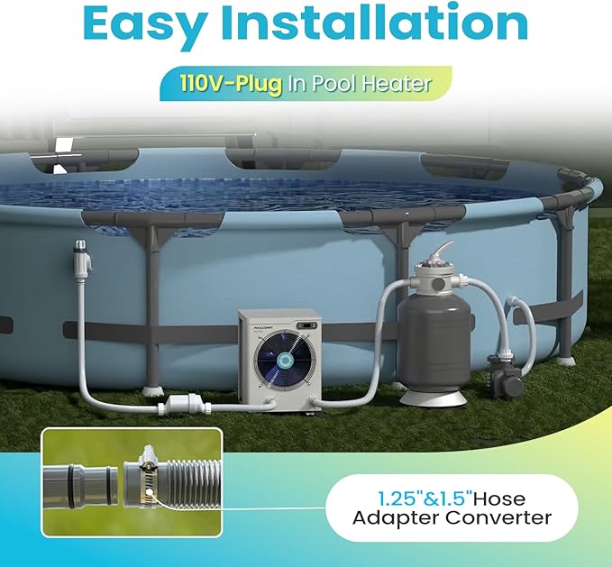 POOLCOMFT 15980 BTU Swimming Pool Heater for Above Ground Pools, Electric Pool Heat Pump up to 5000 Gallons, Ultra-Quiet 30 dB, Fast Heating, 110V