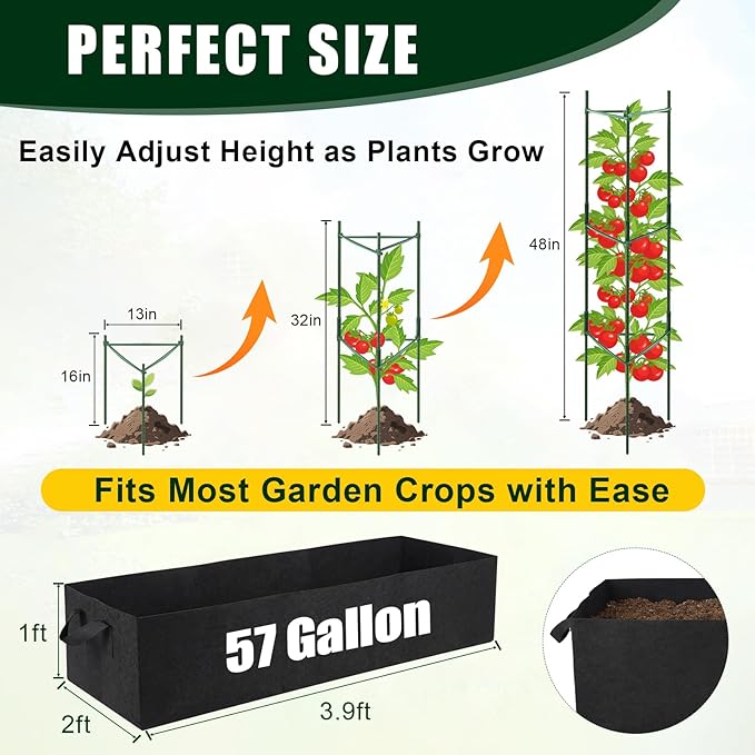 BobbleT 3 Pack Heavy Duty Tomato Cages with 57 Gallon Grow Bag, 48" Adjustable Tomato Trellis for Raised Garden Bed, Sturdy Triangle Plant Support for Climbing Vegetables, Cucumbers & Garden Plants