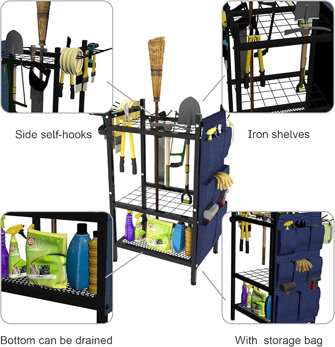 Garden Tool Organizer Rack, Heavy Duty Metal Yard Tool Stand for Garage, Shed, Outdoor, Holds Up to 50 Long-Handled Tools, Rakes, Brooms, Shovels, 3-Tier Utility Storage with Hooks, Black
