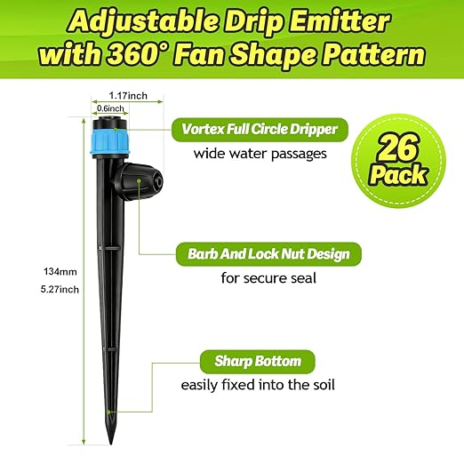 26pcs Drip Emitters Fan Shape with Stake for 1/4" Irrigation Tubing, Adjustable 360 Degree Water Flow Irrigation Vortex Sprayer On 5" Stake Garden Irrigation Dripper for Watering System