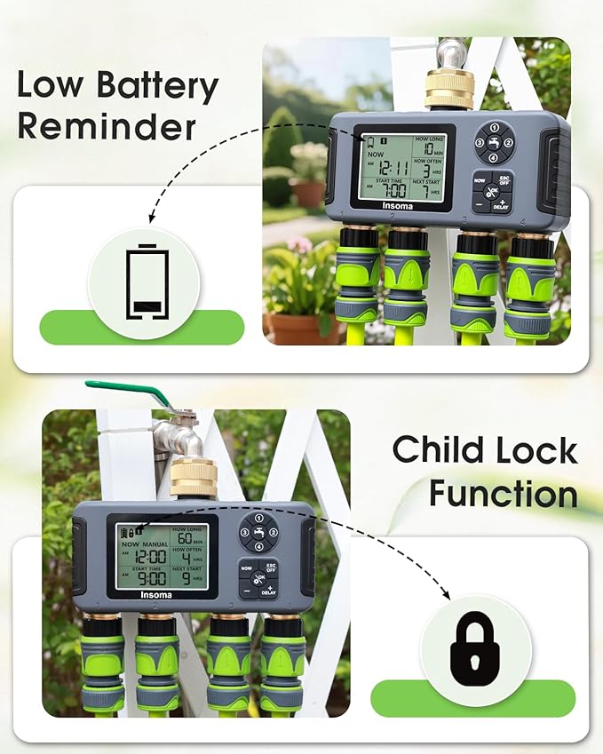 Insoma Water Timer 4 Zones with Brass Inlet & Outlet, Automatic Garden Hose Timer with Manual/Rain Delay & Large Display, IPX5 Waterproof Faucet Timers for Sprinkler System, Yard, Lawn, Greenhouse