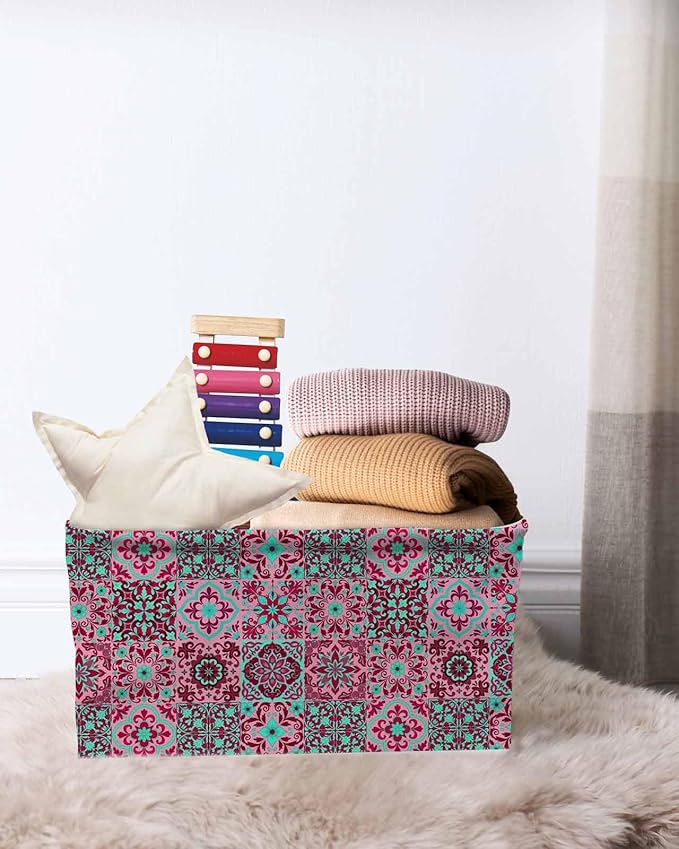 Vintage Middle Century Storage Bins Cubes Waterproof Cloth Storage Basket,Abstract Bohemia Style Aztec Pink Foldable Storage Bags for Shelf Clothes Storages Organizers with Handles 15x11x9.5 in 2PCS