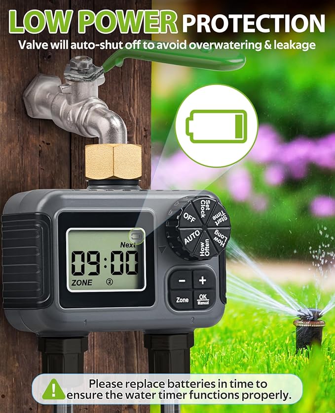 HIRALIY Sprinkler Timer, Water Timer for Garden Hose 2 Zone, Programmable for Watering, Automatic Irrigation System for Yard Lawn, Brass Connector, IP5 Waterproof