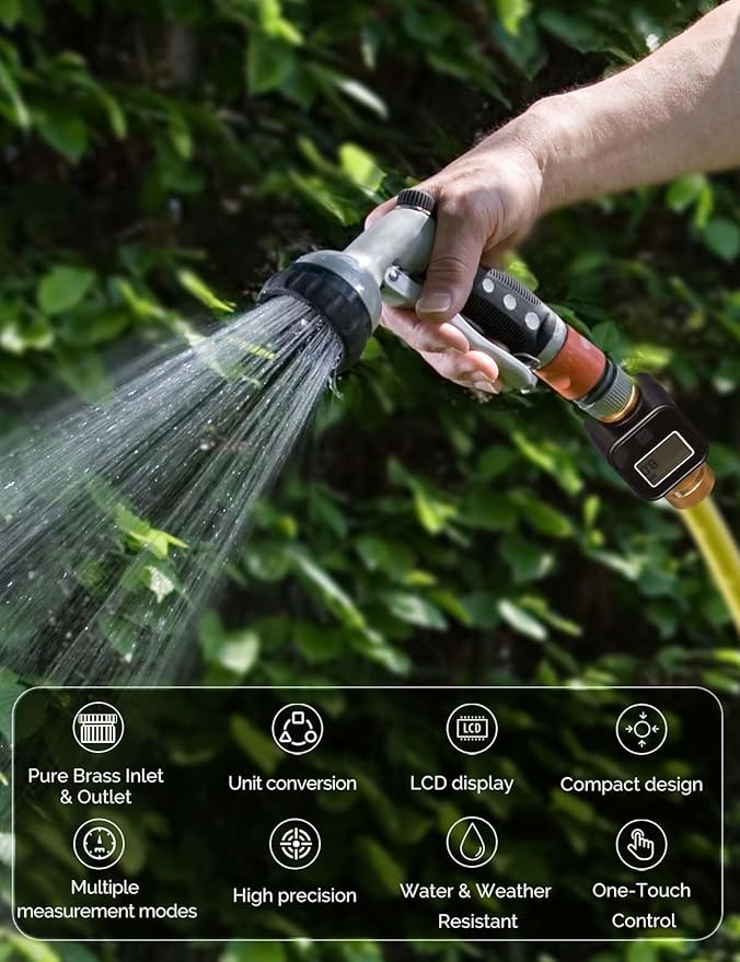 MOES Water Flow Meter with Brass Inlet & Outlet Metal Thread, Measure Gallon/Liter Consumption and Flow Rate for RV Water Tank Filling, Outdoor Garden Hose Watering, Lawn Sprinkler and Nozzle Sprayer