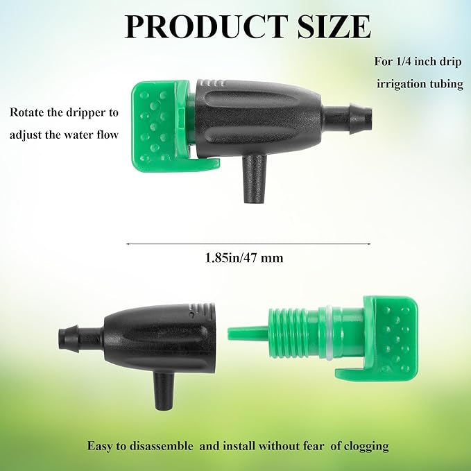 50 Pcs Adjustable Water Flow Irrigation Dripper, 360 Degree Rotatable Drip Emitters Irrigation System Drippers for 1/4 Inch Tubing Watering Dripper for Garden Lawn Plants Succulents Flower Irrigation