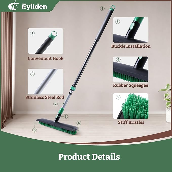 Eyliden Floor Scrub Brush with Long Handle, 15-inch Wide Deck Brush, 2in1 Floor Scrubber with Stiff Bristles and Rubber Squeegee for Bathroom, Shower, Kitchen, Patio, Garage, Telescoping Steel Handle