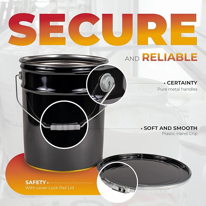 5.5 Gallon Metal Storage Bucket with Lever Lock Lid, Black Heavy Duty Container, Triple Seam Technology, Durable Design for Tools, Plants, Paint, Food Storage