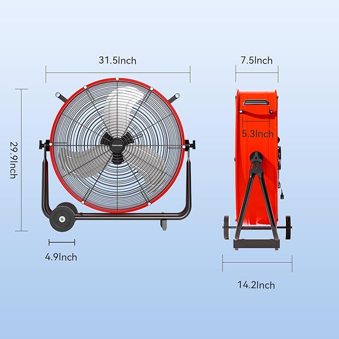 24 Inch Industrial Drum Fan 8800 CFM High Velocity Floor Fan for Garage, Warehouse & Workshop - 3-Speed Heavy Duty Metal Fan with 360° Tilt, Wheels & UL Safety Listed