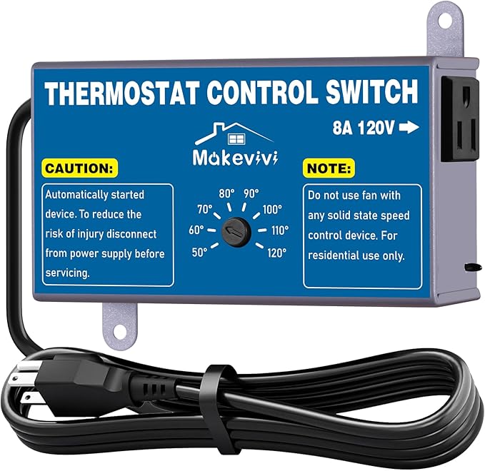 Attic Thermostat, Adjustable Temperature Controller for Attic Fan, with Overload Protection and Outlet, Plug-and-Play Exhaust Fan Thermostat for Greenhouse, Workshop, Garage