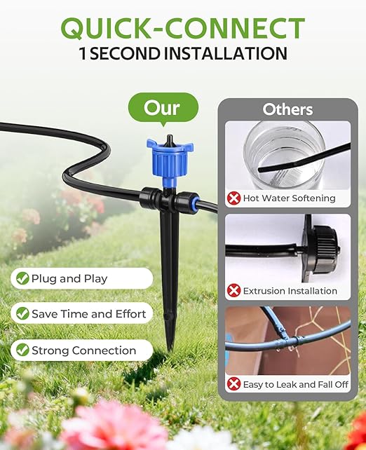 HIRALIY 50FT Pressure Compensated Drip Irrigation System with Timer, No-Leak Quick Connect Automatic Watering System, 12 Adjustable Emitters for Uniform Flow, Garden, Patio, Raised Bed