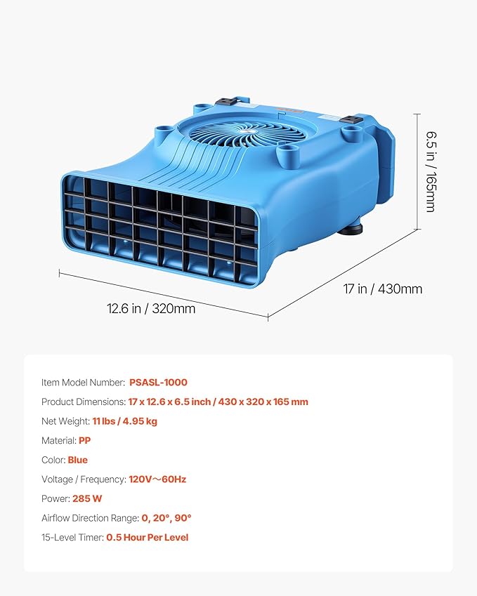 VEVOR Blower Fan, Low Profile Air Mover Carpet Dryer, 1000 CFM, 2 Speeds, Multi-Angle Airflow, Lightweight Portable for Crawlspaces, Attics, Basements, Bathrooms, Water Damage Restoration, Blue