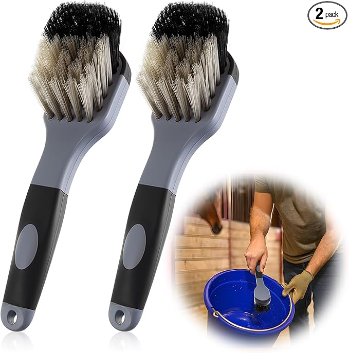 2 Pack 10" Horse Bucket Brush, Horse Bucket and Trough Scrub Brush, Water Buckets Brushes for Livestock Farm Equine Water Buckets Feed Trough Non Slip Grip Durable Synthetic Fiber Black Gray