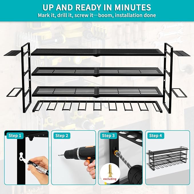 Power Tool Organizer Wall Mount Loads 400lbs, 4 Layers Heavy Duty Tool Organizers and Storage, Cordless Tool Rack with 8 Drills Holder, for Garage Workshop Shed Tool Room Garden