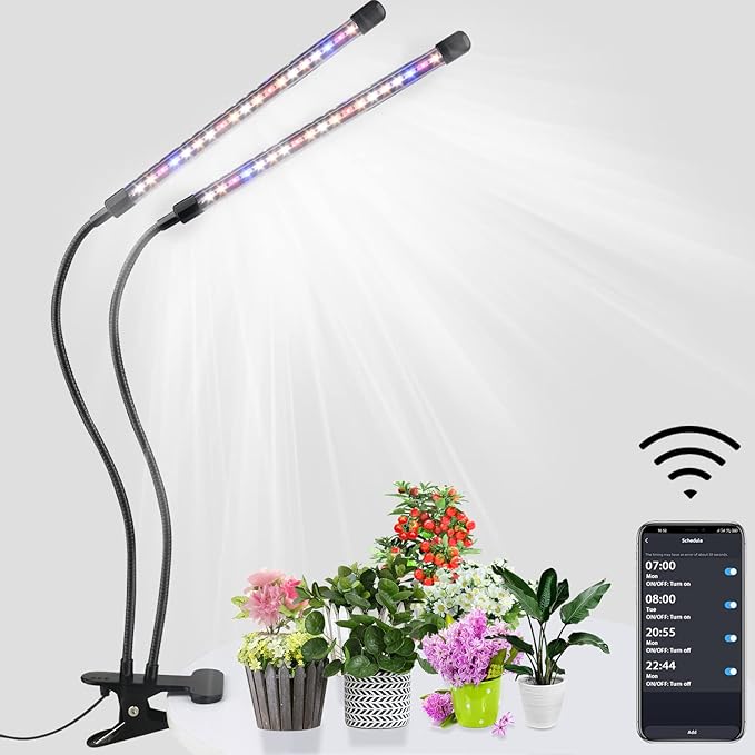 Led Grow Lights for Indoor Plants Full Spectrum, Smart WiFi Led Grow Light with Timer, Dimmable Clip on Grow Light App/Voice Control, Compatible with Alexa/Google/Siri (2 Tube)