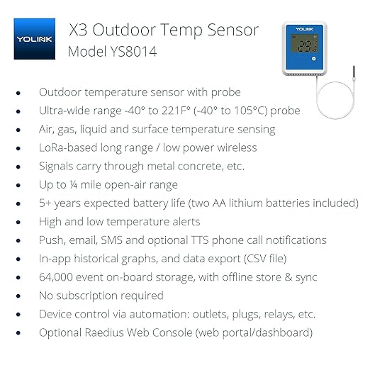 YoLink Smart X3 Version Outdoor Temperature Data Logger with Probe, Thermometer, 1/4 Mile Range, 5+ Years Battery Life, Emails, Text, App Alerts, Alexa, IFTTT. Pool, Hot Tub, Fish Tank. Hub Included!