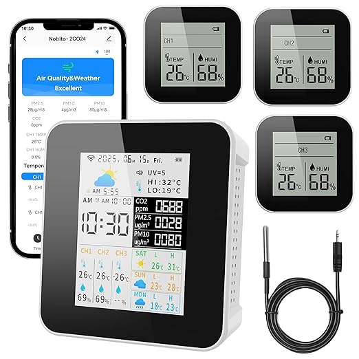 Air Quality Monitor Indoor 17-Parameter with APP Control Real-Time Display for CO2 PM2.5 PM10 Temperature Humidity 4 Sensors Alerts and Protection for Baby Rooms