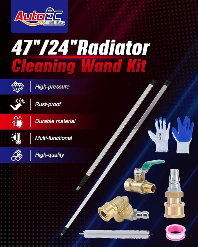 AutoEC 4500 PSI Radiator Cleaning Wand Set, 47" & 24" Water Air Wands for Cars Trucks Heavy Equipment, Stainless Steel Radiator Cleaner Kit for Farm & Fleet Maintenance