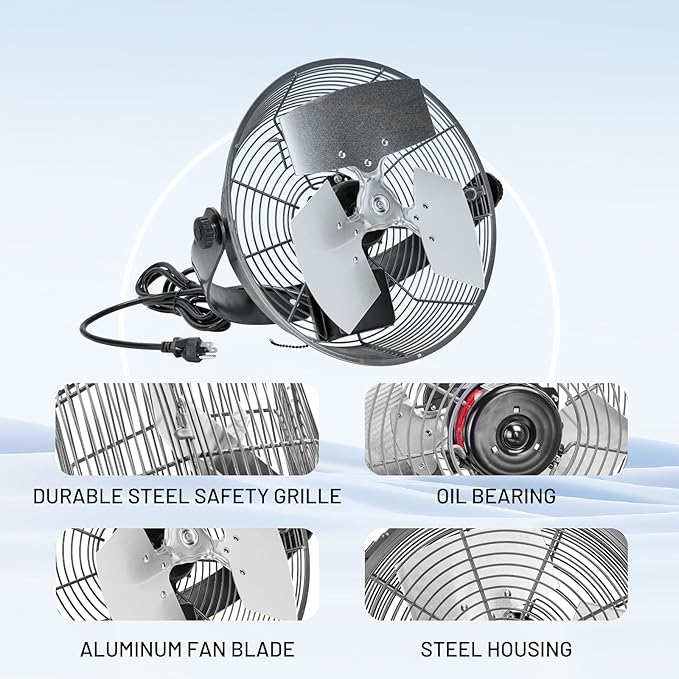 NORTHSKY 12" High Velocity Wall Mount Fan, 3 Speeds, 2400 CFM Adjustable Industrial Wall Fan, 1/12 HP, 360° Head Hit, for Greenhouse, Workshop, Garage, Commercial Use, UL Listed