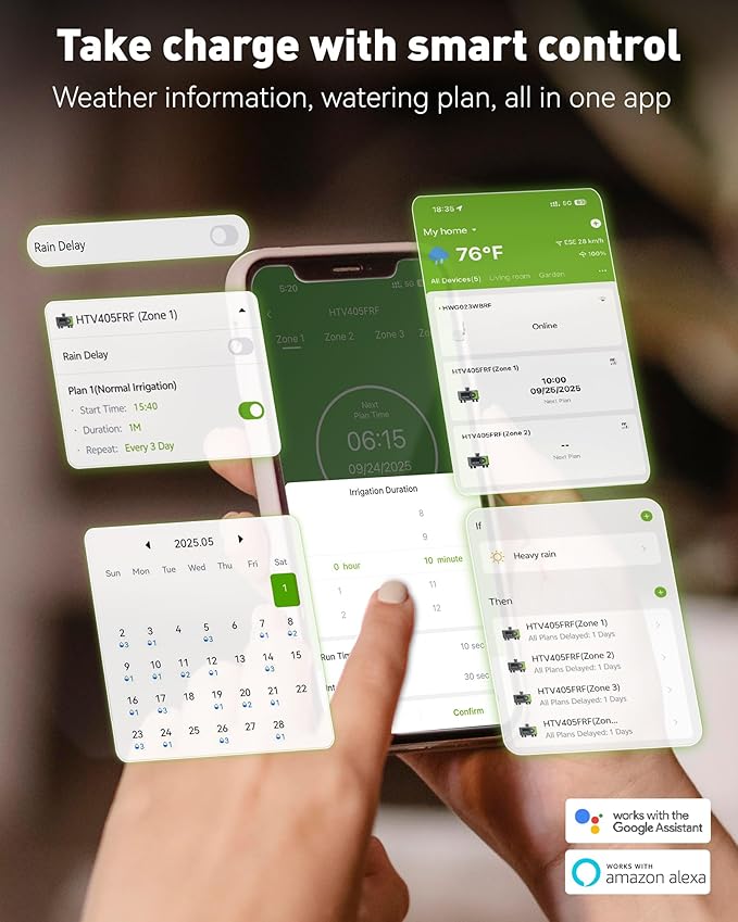 RAINPOINT WiFi Sprinkler Timer 4 Zone, Outdoor Smart Water Timer for Garden Hose with Brass Inlet&Outlet, Custom Programs via APP/Voice Control for Automatic Watering System Without Hub