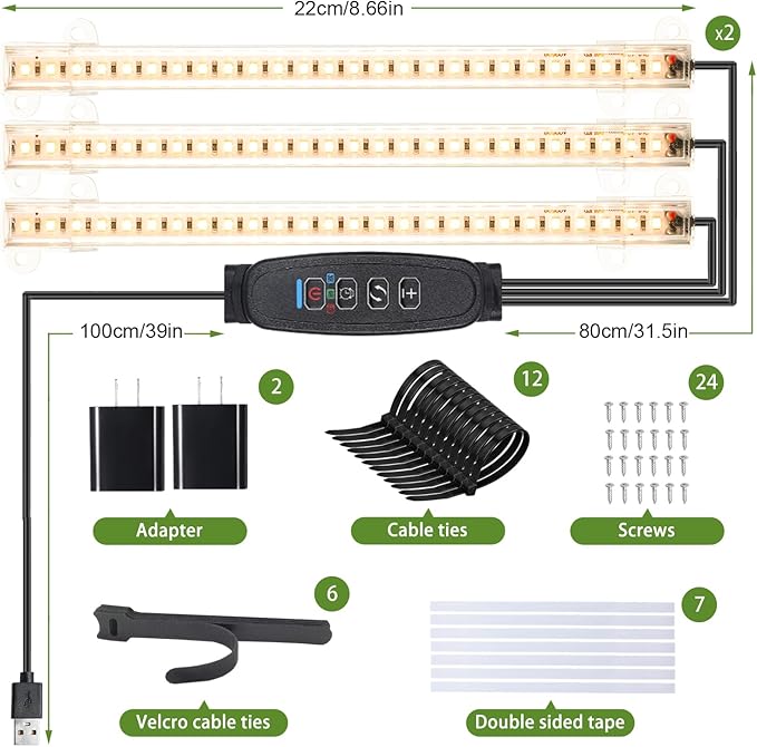 8.6'' LED Grow Light Strips, Full Spectrum 3500K Grow Lights for Indoor Plants, 3 Head with 3/9/12H Timer, 10 Dimmable Levels, Suitable for Seedling, Succulent, Plant Shelf and Greenhouse, 2-Pack