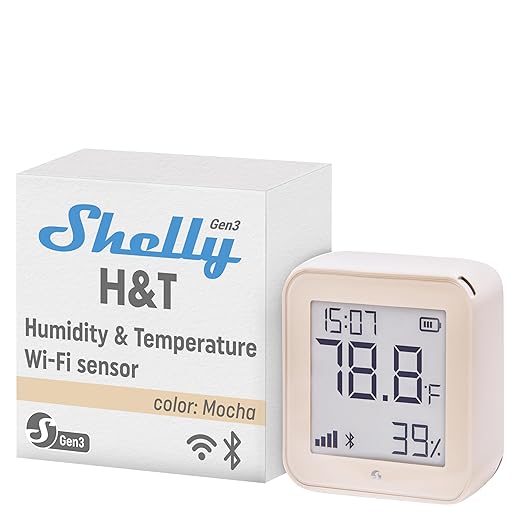 Shelly H&T Gen3 Mocha | Wi-Fi and Bluetooth Smart Temperature & Humidity Sensor with Remote App Control & Monitoring | Smart Scenes | Notification Alerts | LCD Display | Free Data Storage Export