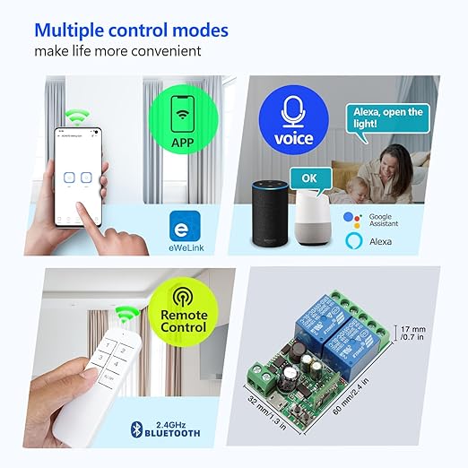 DieseRC 2x2 Channels WiFi Smart Switch with 1x Bluetooth Transmitter, DC 5V 12V 24V Passive Output Relay Module Ewelink APP WiFi Control Compatible with Alexa/Google Home, Inching/Self-Locking Switch
