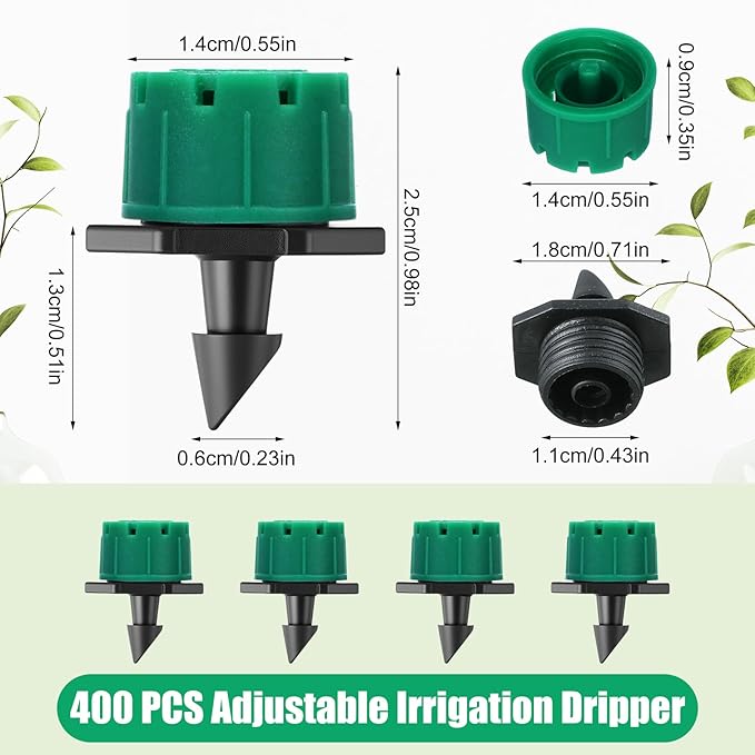 Yaocom Sprinkler Irrigation Drippers, 1/4 Inch Barbed Drip Emitter, 360 Degree Watering Adjustable Suitable Anti-Clogging Drippers for 4mm/7mm Garden Watering Tubing System (Dark Green,400 Pcs)