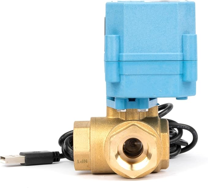 U.S. Solid WiFi Smart Motorized Ball Valve 1/2 inch NPT for Water Control & Irrigation, 3 Way Brass Electric Valve, USB Powered, LED Status Indicator, Flow Direction Window, Remote On/Off Control
