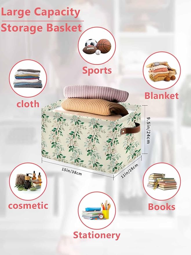 Weeping Leaves Storage Bins Cubes Waterproof Cloth Storage Basket, Summer Green Branch Berry Farmhouse Foldable Storage Bags for Shelf Closet Clothes Organizers with Handles 15x11x9.5 in 2PCS