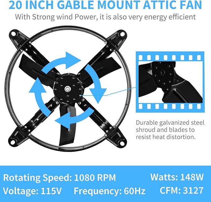 Simple Deluxe 20 Inch Gable Mount Fan Attic Ventilator with Adjustable Temperature Thermostat, 3127 CFM, Black