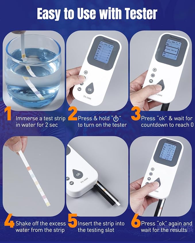 Pawfly 100 Pcs Aquarium Test Strips 6 in 1 Digital Water Testing Kit, Fish Tank Testing Strips for pH Nitrate Nitrite Chlorine Total Hardness & Carbonate, Fresh/Salt Aquarium Water Test Kit