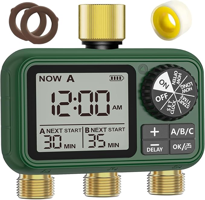 3 Zones Brass Inlet & Outlet Water Timer for Outdoor Garden Hose, Sprinkler Timer for Garden Faucet with Auto/Manual/Rain Delay Mode, Sprinkler Irrigation Controller for Yard Lawn