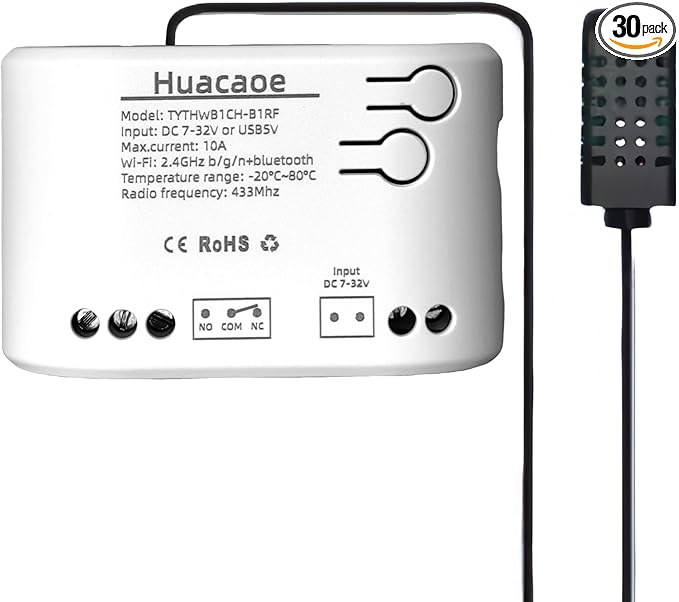 1CH Tuya Intelligent Temperature and Humidity Sensor,DC 7-32V/USB 5V Dry Contact Relay,Dry Contact,Timing Switch,Real-Time Monitoring Intelligent Module,Compatible with Alexa Google