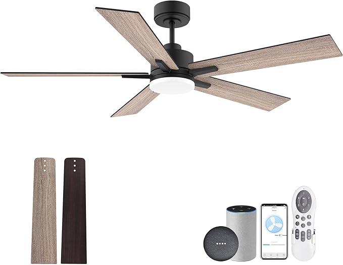 Lorpies 52” Smart Ceiling Fan with Lights Remote,Ultra Silent DC Motor,Control via Alexa Google Voice App Wifi,Outdoor Indoor Modern Ceiling Fans for Bedroom Patio Porch,Dimmable,Black Walnut Brown