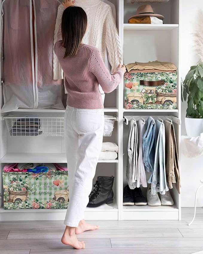 Eucalyptus Trucks Storage Bins Cubes Waterproof Cloth Storage Basket,Spring Farmhouse Floral Sage Green Plaid Foldable Storage Bags for Shelf Clothes Storages Organizers with Handles 15x11x9.5 in 2PCS