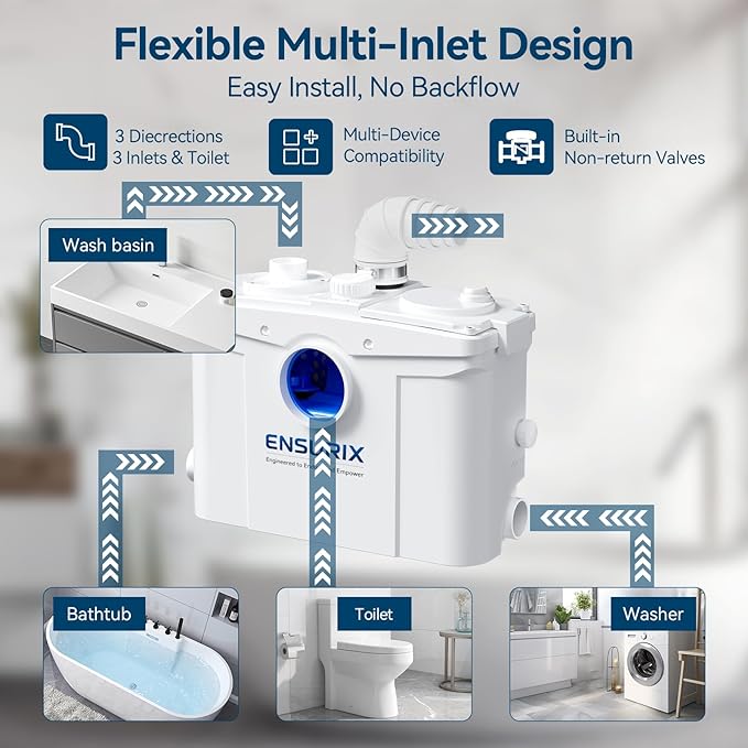 1200W Macerator Pump – 2800GPH, 28FT Vertical Lift Toilet Water Pump with Anti-Backflow, PCB Smart Control, IPX4 Waterproof, Macerator Pump Basement for Toilet, Sink, Bathroom etc.
