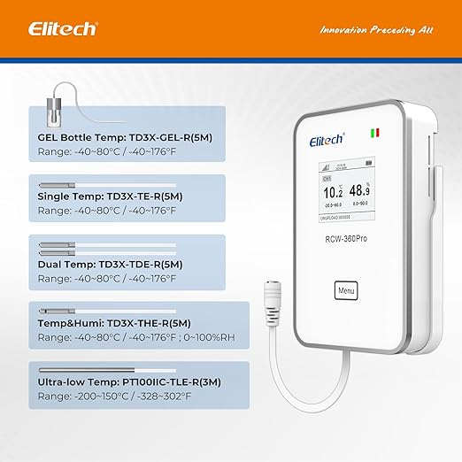 Elitech Temperature and Humidity Probe for RCW-360Pro, -40 to 176°F, 0~100% RH, 16.4ft Cable Auto-Detection Digital Sensor with Calibration Certificate for Medical Pharma Validation, HTD3X-THE-R-5M