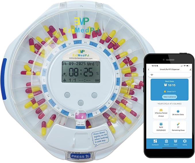 EziMedPil Smart WiFi Pill Dispenser w/Sound&Light Alerts,up to 9 Alarms/Daily,Easy Setup on WiFi Monitoring SmartLife App,28-Day Medication Organizer w/Lock Key for Prescriptions & Vitamins,Clear Lid