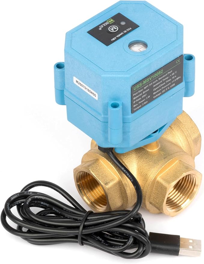 U.S. Solid WiFi Smart Motorized Ball Valve 3/4 inch NPT for Water Control & Irrigation, 3 Way Brass Electric Valve, USB Powered, LED Status Indicator, Flow Direction Window, Remote On/Off Control