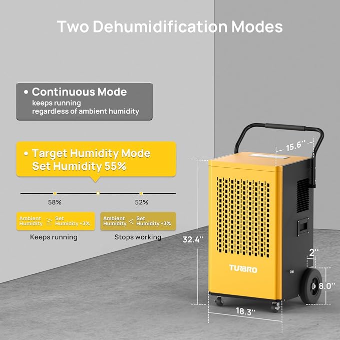TURBRO 245 Pint Commercial Dehumidifier with Pump and Drain Hose, for Large Spaces, Rolling Wheels, Faster Defrost, for Basements, Warehouses, Flood Restoration, Industrial Sites