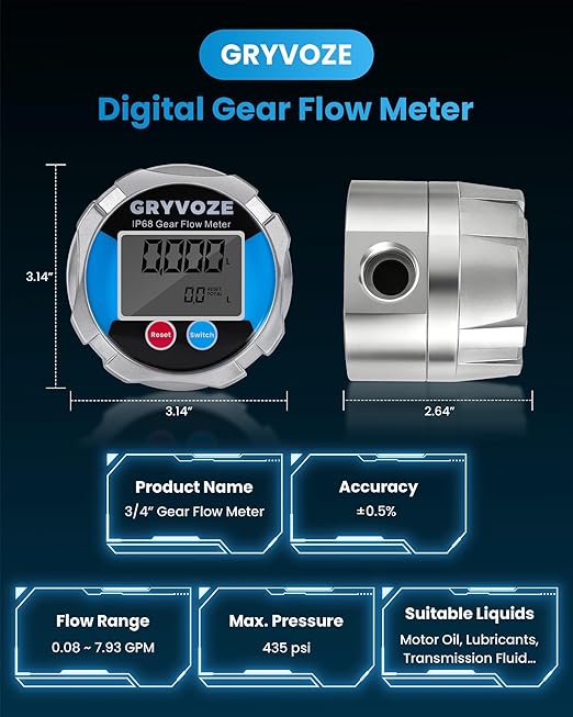 3/4 Inch NPT Gear Flow Meter, 0.08–7.93 GPM Digital Oil Low Flowmeter, ±0.5% Accuracy, for Low-Flow High-Viscosity Liquids, Compatible with Motor Oil, Lubricants, Antifreeze & Hydraulic Fluids
