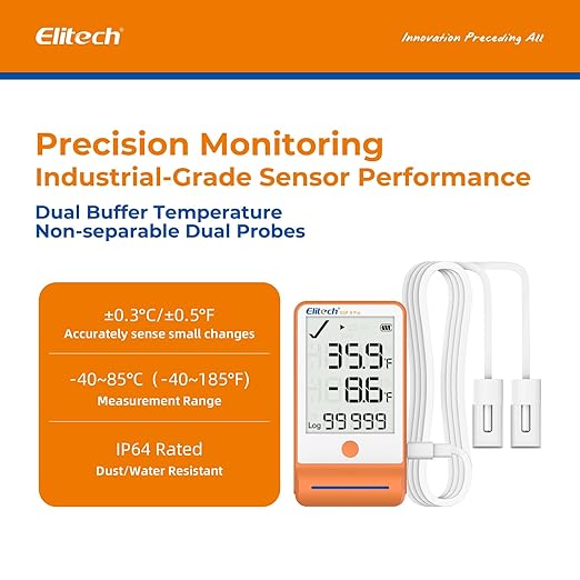 Elitech 50Pack Bluetooth Thermometer Data Logger Temperature for Refrigerator with Shadow Data 100000 Point Export PDF/CSV Report, Pharmacy Vaccine DDL Certificate, MAX MIN with Dual Probe GSP-6G-TDE
