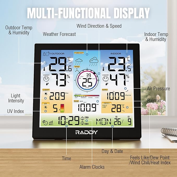 Raddy WF-120C Professional Wi-Fi Weather Station Wireless, Indoor Outdoor Temperature & Humidity Monitor with 10" Digital Color Display, Rain Gauge, Wind Speed, Weather Forecast, UV & Light Index